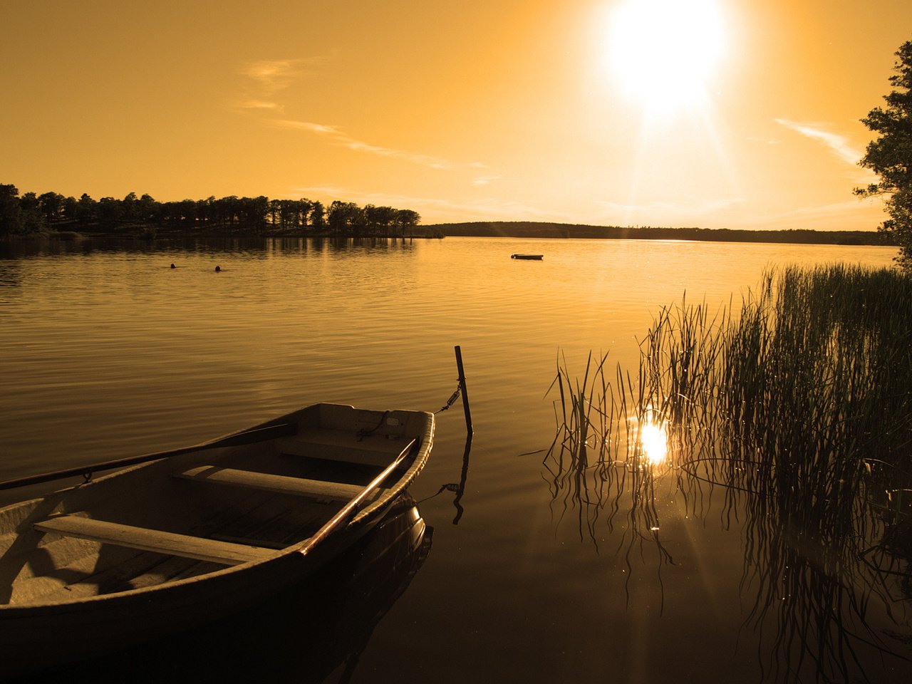 Обои озеро, природа, закат, лодка, lake, nature, sunset, boat разрешение 1920x1200 Загрузить