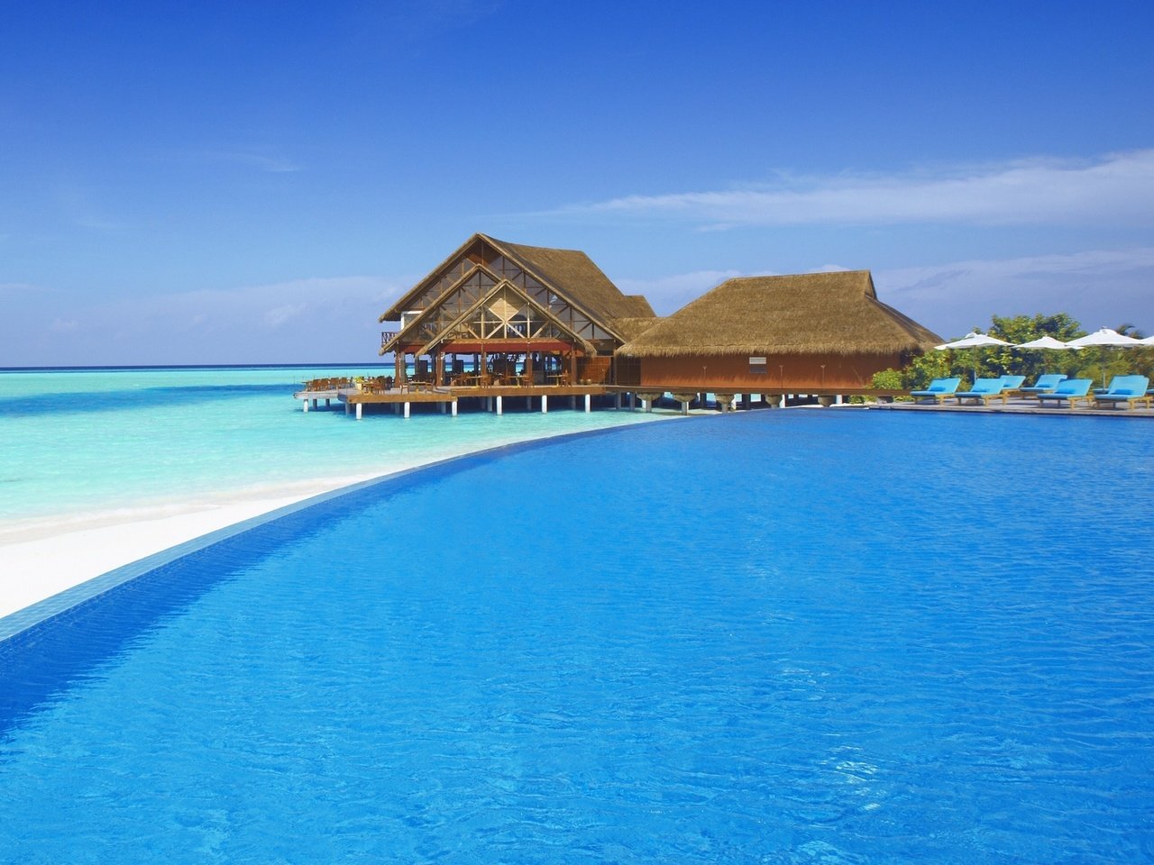Обои пляж, отдых, бунгало, тропики, мальдивы, beach, stay, bungalow, tropics, the maldives разрешение 1920x1080 Загрузить