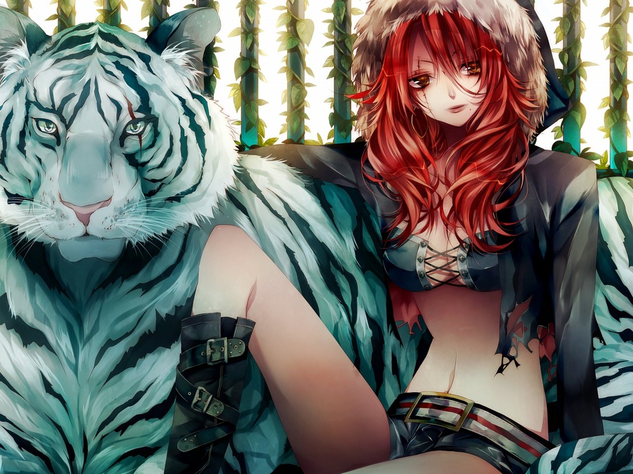 Обои тигр, девушка, красные волосы, tiger, girl, red hair разрешение 2560x1600 Загрузить