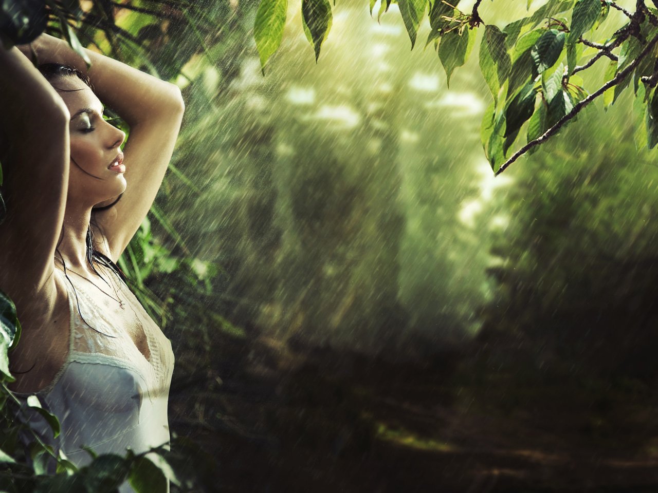 Обои природа, лес, девушка, брюнетка, дождь, nature, forest, girl, brunette, rain разрешение 2880x1800 Загрузить