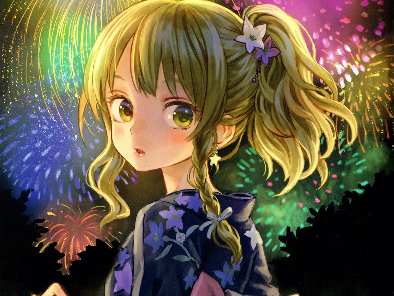 Обои арт, девочка, фейерверк, юката, art, girl, fireworks, yukata разрешение 2560x2170 Загрузить