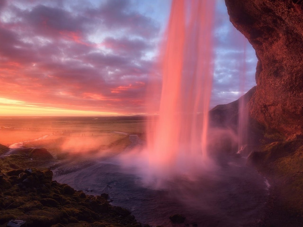 Обои закат, гора, водопад, sunset, mountain, waterfall разрешение 1920x1080 Загрузить