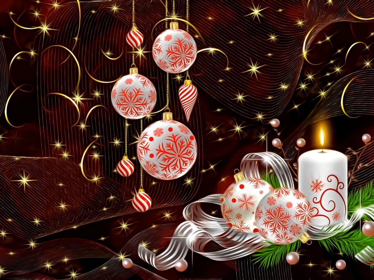 Обои рождество, свет, елочные украшения, новый год, завитушки, рендеринг, темный фон, жемчужные бусины, картинка, золотистые искры, лента, свеча, праздник, christmas, light, christmas decorations, new year, curls, rendering, the dark background, pearl beads, picture, golden sparks, tape, candle, holiday разрешение 1950x1220 Загрузить