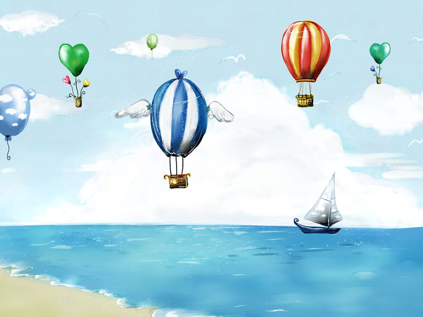 Обои лодка, небо, воздушный шар, рисунок, парус, облака, шары, детская, обои, стиль, море, полет, boat, the sky, balloon, figure, sail, clouds, balls, children's, wallpaper, style, sea, flight разрешение 1920x1200 Загрузить