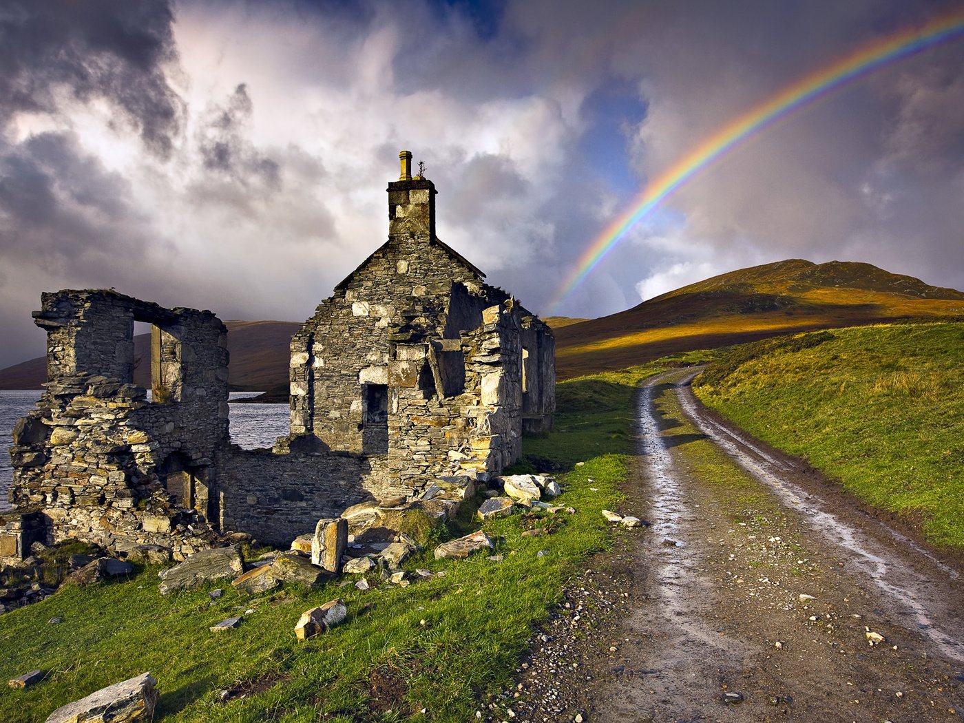 Обои дорога, природа, радуга, руины, шотландия, road, nature, rainbow, ruins, scotland разрешение 1920x1200 Загрузить