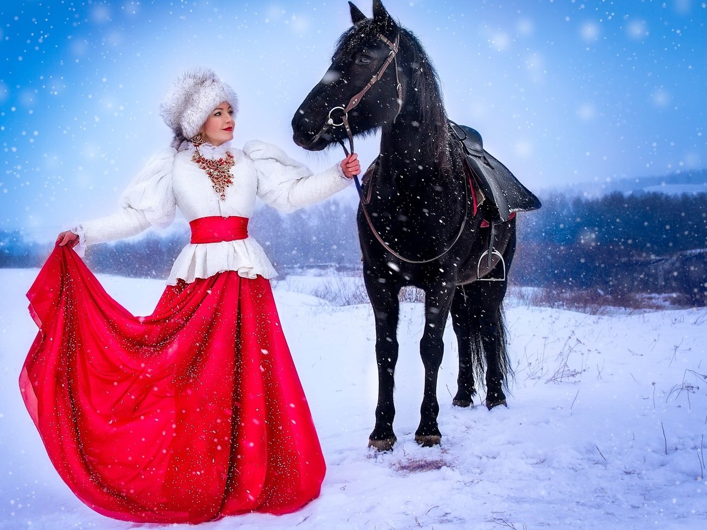 Обои лошадь, зима, девушка, шапка, наряд, меха, horse, winter, girl, hat, outfit, fur разрешение 1920x1239 Загрузить