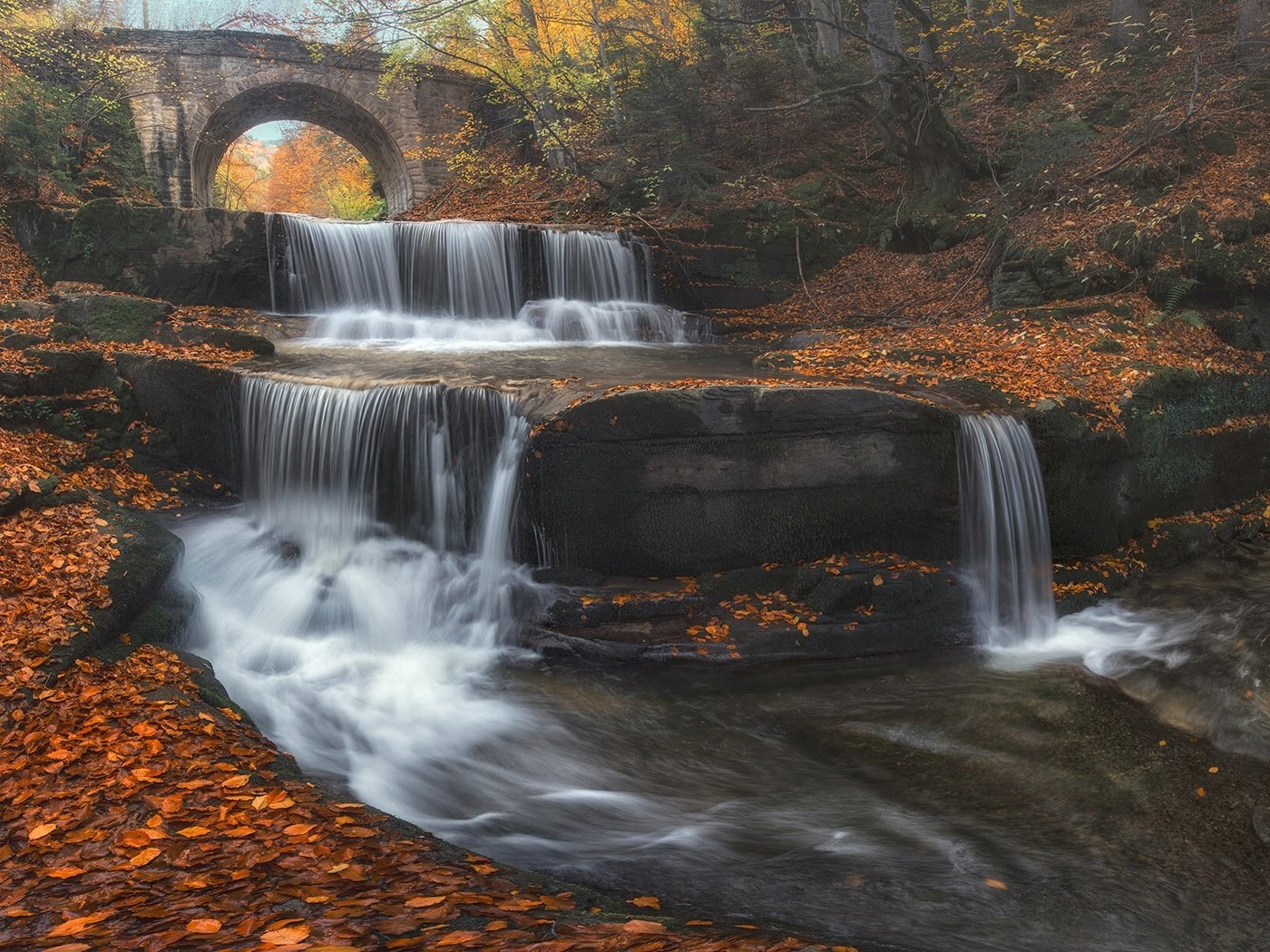 Обои река, листья, мост, водопад, осень, каскад, болгария, river, leaves, bridge, waterfall, autumn, cascade, bulgaria разрешение 2048x1228 Загрузить