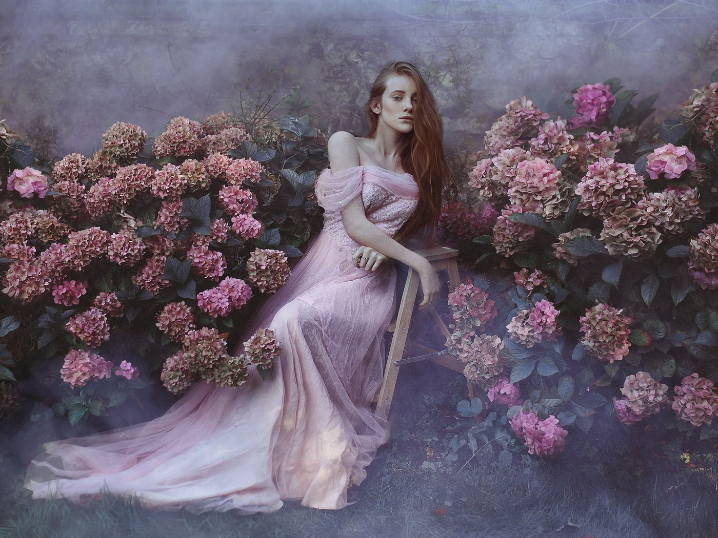 Обои цветы, девушка, платье, туман, сад, весна, гортензия, flowers, girl, dress, fog, garden, spring, hydrangea разрешение 2048x1152 Загрузить