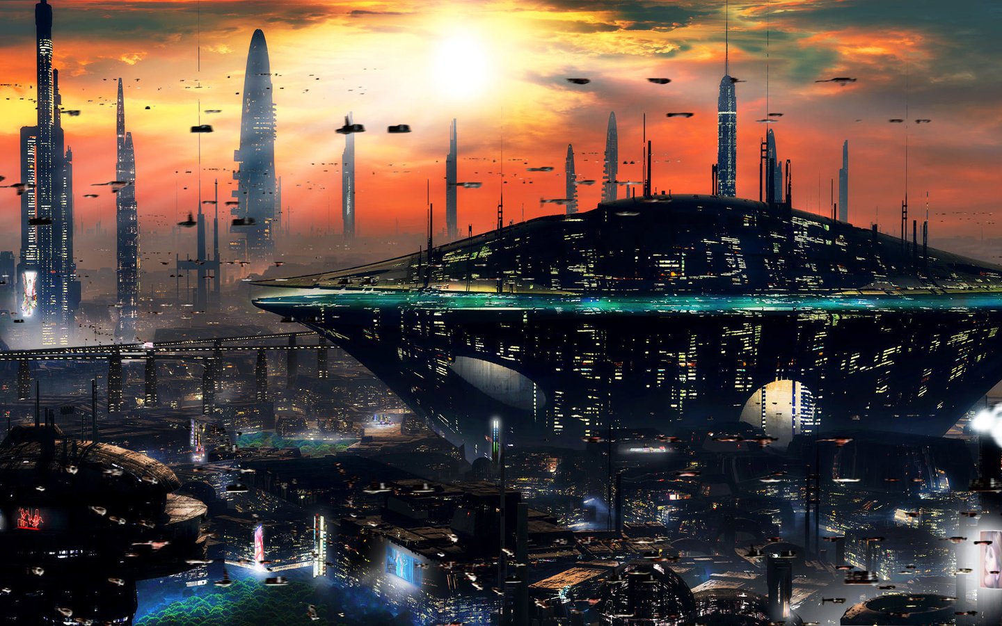 Обои закат, город, небоскребы, будущее, sci-fi, sunset, the city, skyscrapers, future разрешение 3360x1050 Загрузить