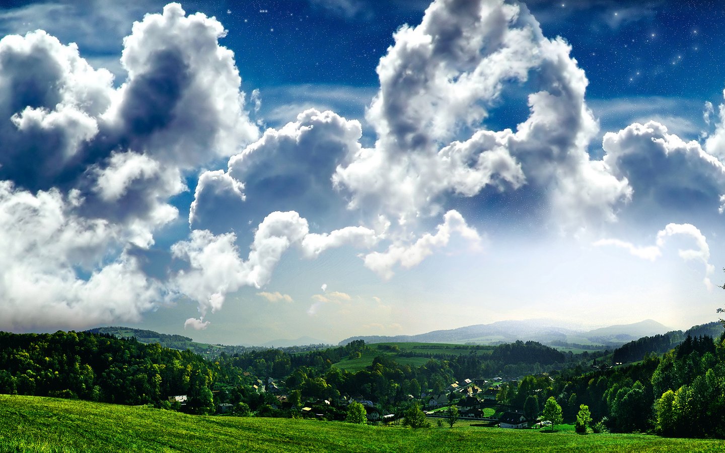 Обои небо, облака, деревья, холмы, the sky, clouds, trees, hills разрешение 1920x1080 Загрузить