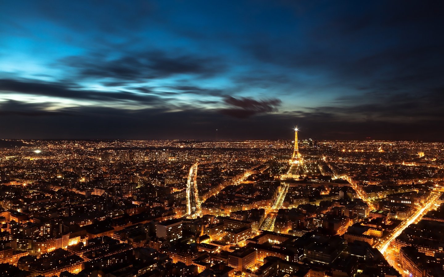 Париж Эйфелева башня ночью панорама