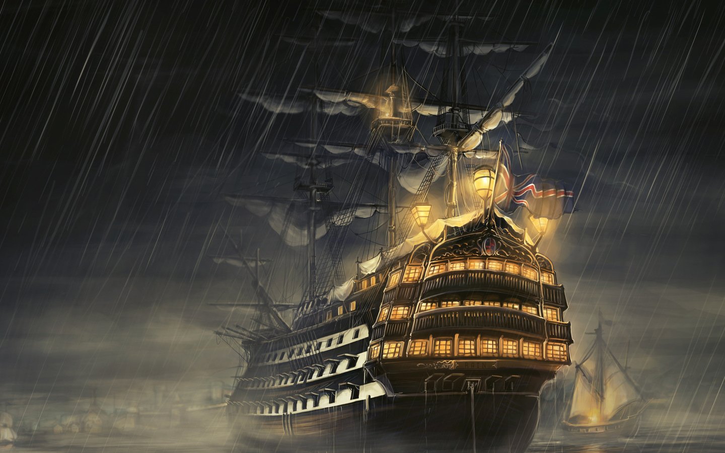 Обои ночь, море, корабль, парусник, дождь, фрегат, night, sea, ship, sailboat, rain, frigate разрешение 1920x1080 Загрузить