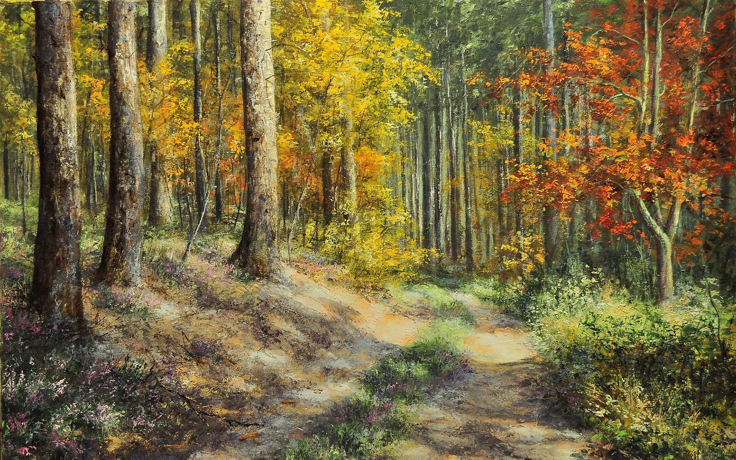 Обои арт, лес, пейзаж, осень, живопись, malgorzata rawicka, art, forest, landscape, autumn, painting разрешение 1920x1200 Загрузить