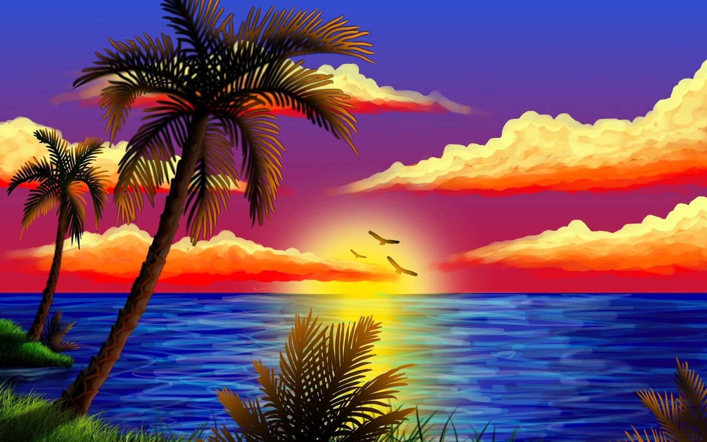 Обои закат, море, пальмы, sunset, sea, palm trees разрешение 2560x1600 Загрузить