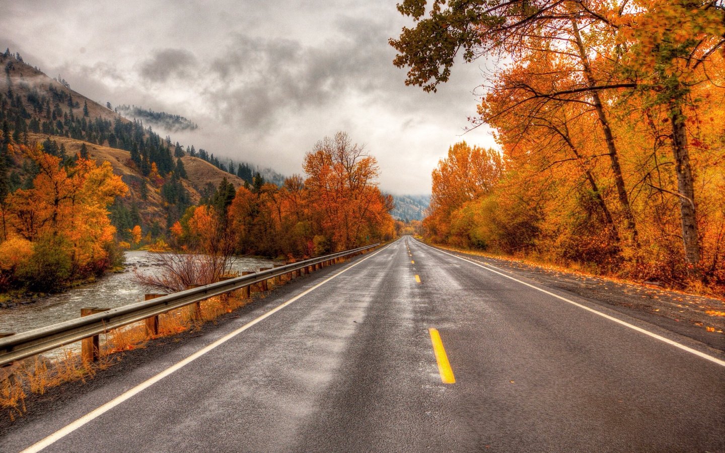 Обои дорога, деревья, река, горы, осень, road, trees, river, mountains, autumn разрешение 2048x1354 Загрузить