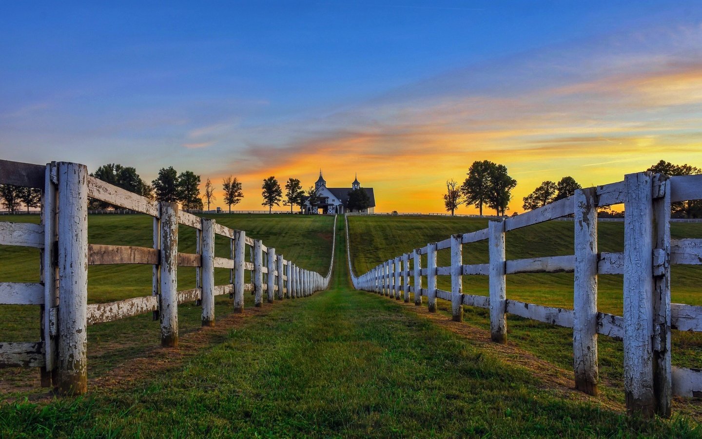 Обои небо, трава, деревья, утро, поле, забор, дом, the sky, grass, trees, morning, field, the fence, house разрешение 2560x1600 Загрузить