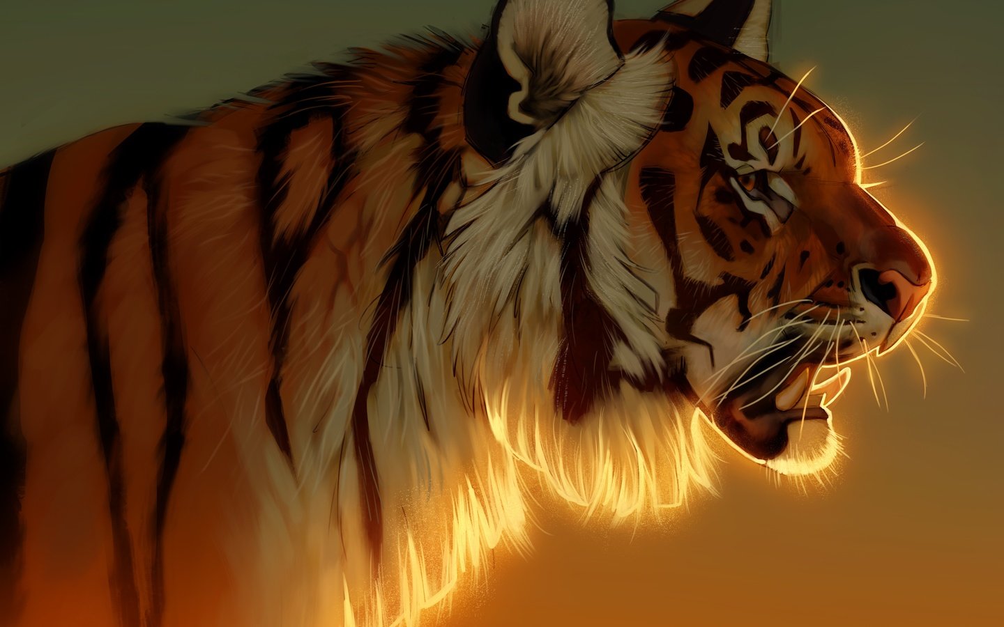 Обои тигр, профиль, морда, живопись, свет, арт, рисунок, фон, портрет, взгляд, tiger, profile, face, painting, light, art, figure, background, portrait, look разрешение 5178x3870 Загрузить