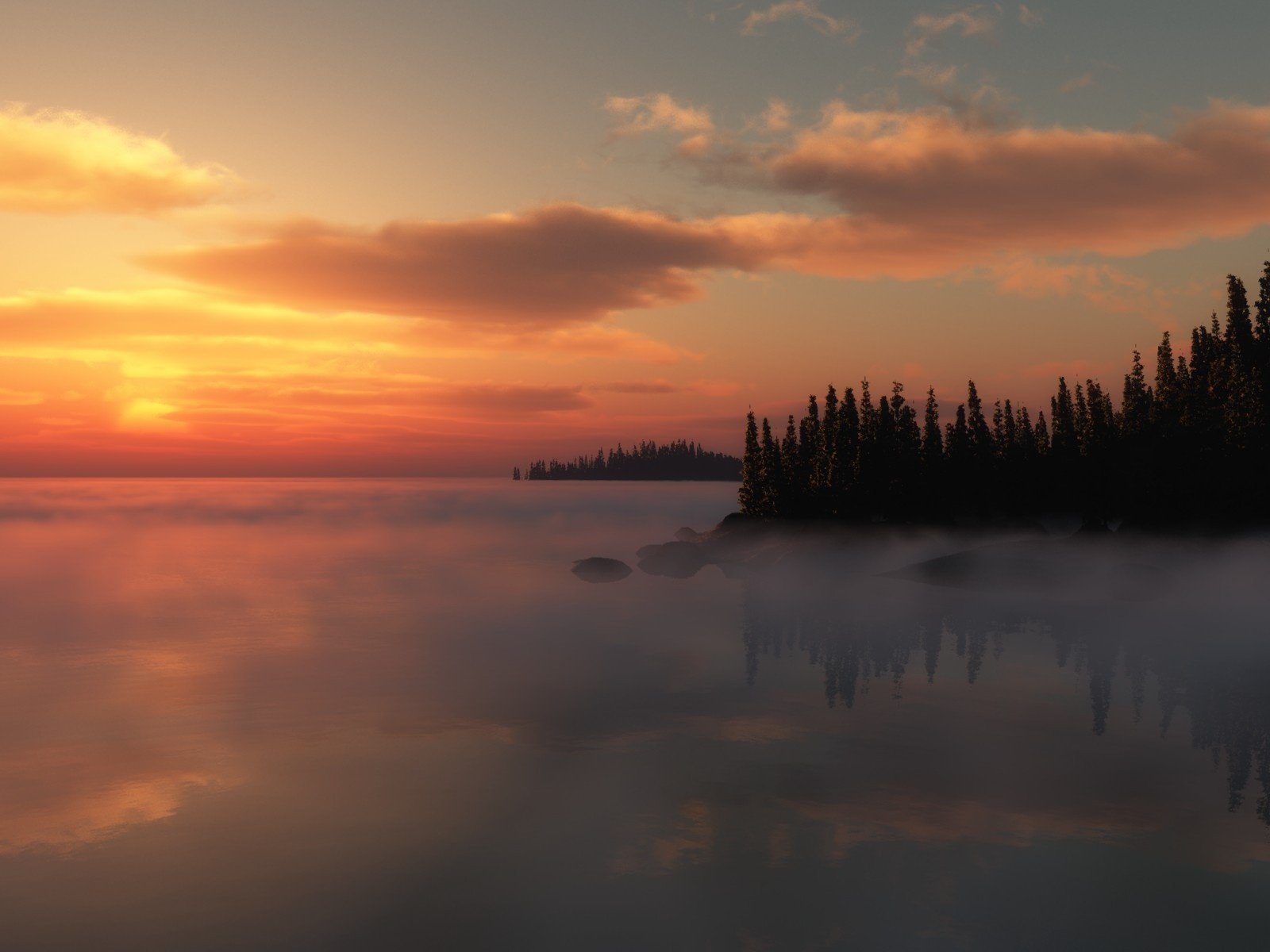 Обои небо, облака, деревья, озеро, закат, туман, горизонт, the sky, clouds, trees, lake, sunset, fog, horizon разрешение 1920x1200 Загрузить