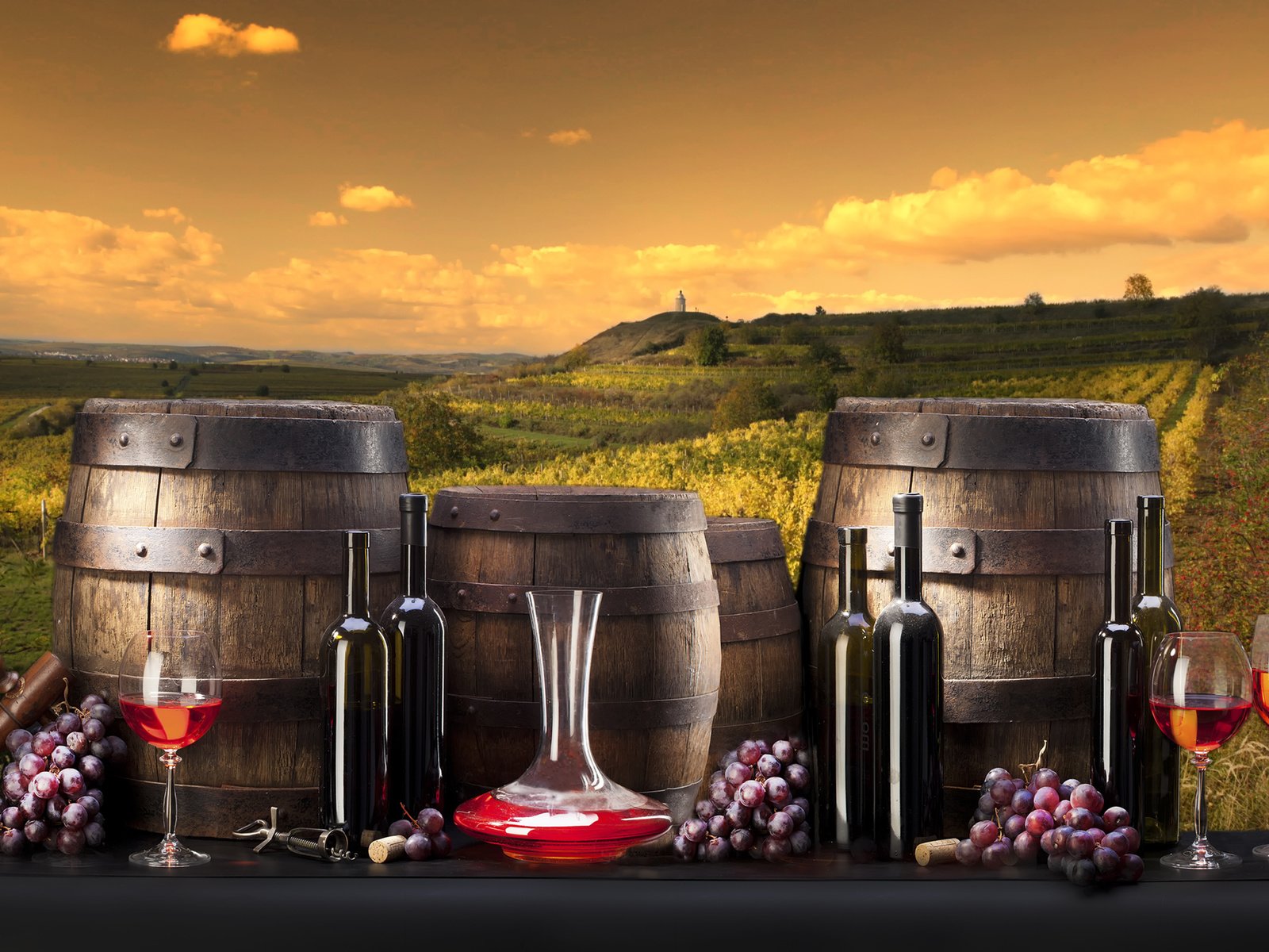 Обои виноград, вино, бокалы, бутылки, бочки, виноградники, grapes, wine, glasses, bottle, barrels, the vineyards разрешение 4992x3328 Загрузить