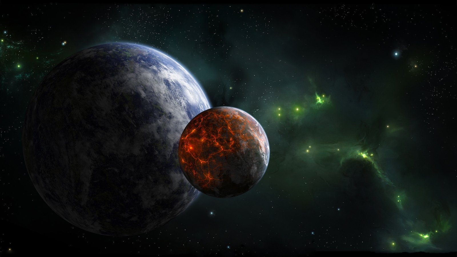 Обои звезды, планета, туманность, зеленая, спутник, вулканическая, активность, stars, planet, nebula, green, satellite, volcanic, activity разрешение 1920x1080 Загрузить