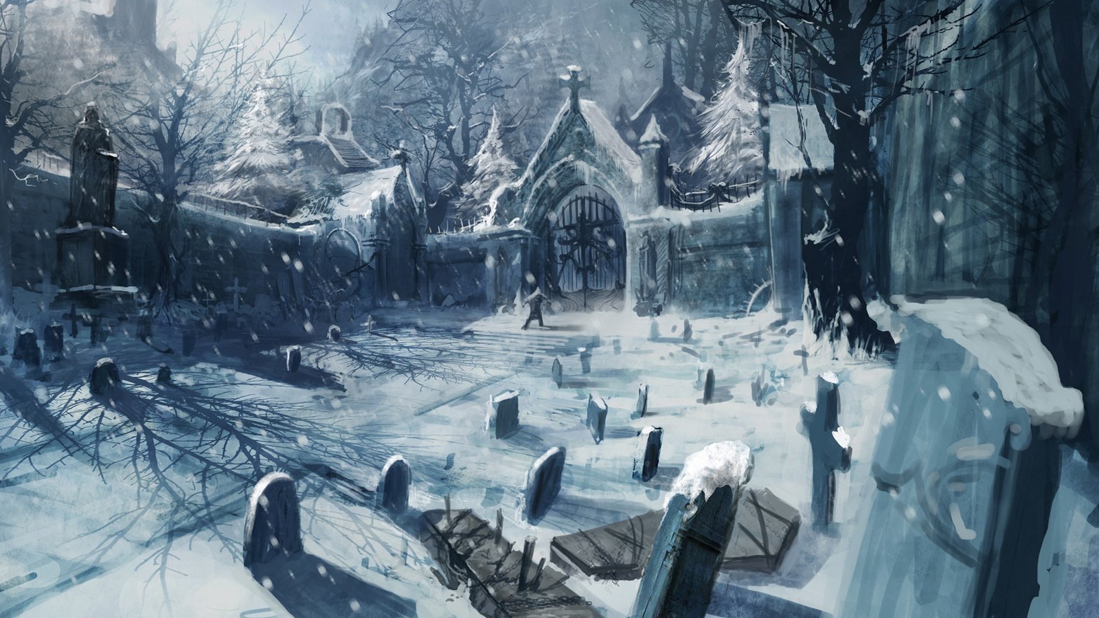 Обои арт, снег, зима, кладбище, art, snow, winter, cemetery разрешение 1920x1080 Загрузить