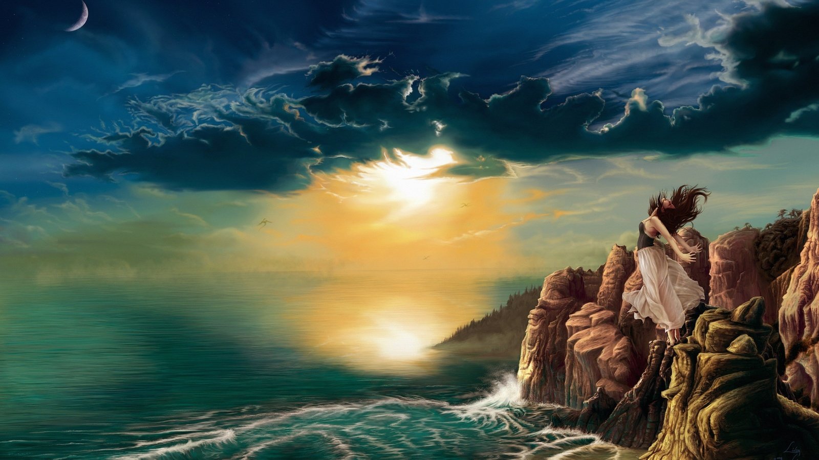 Обои скалы, закат, девушка, море, порыв, rocks, sunset, girl, sea, rush разрешение 2560x1600 Загрузить