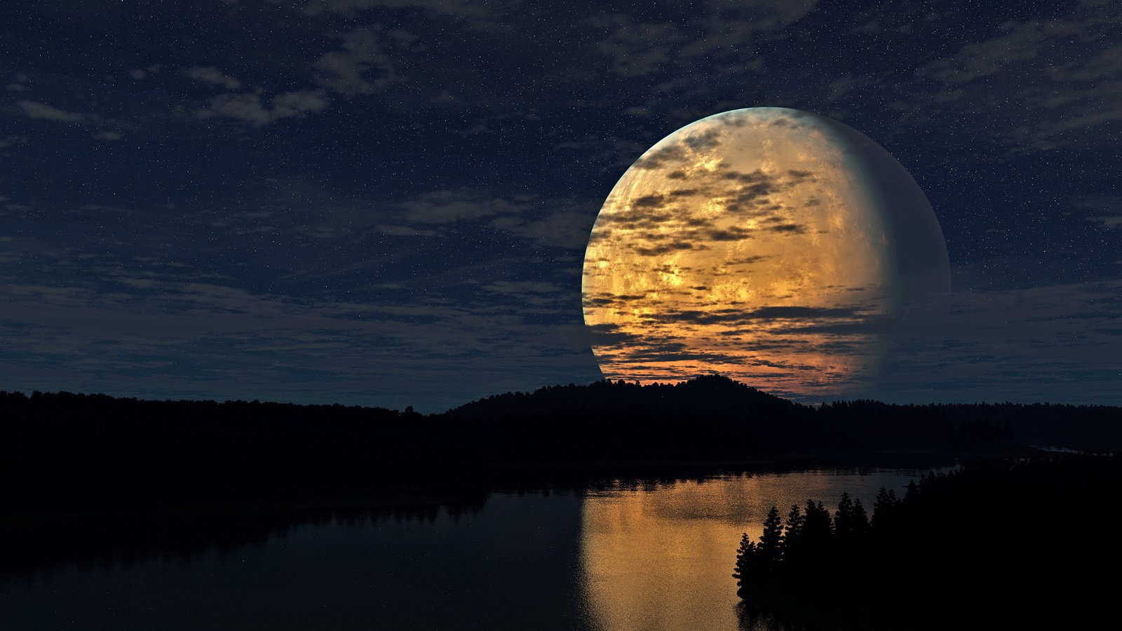 Обои небо, свет, облака, ночь, река, лес, звезды, луна, the sky, light, clouds, night, river, forest, stars, the moon разрешение 2560x1600 Загрузить