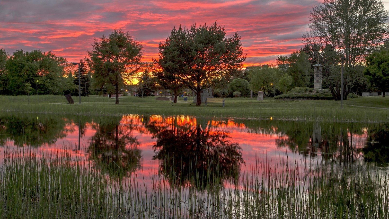 Обои деревья, закат, отражение озеро, trees, sunset, reflection lake разрешение 2880x1920 Загрузить