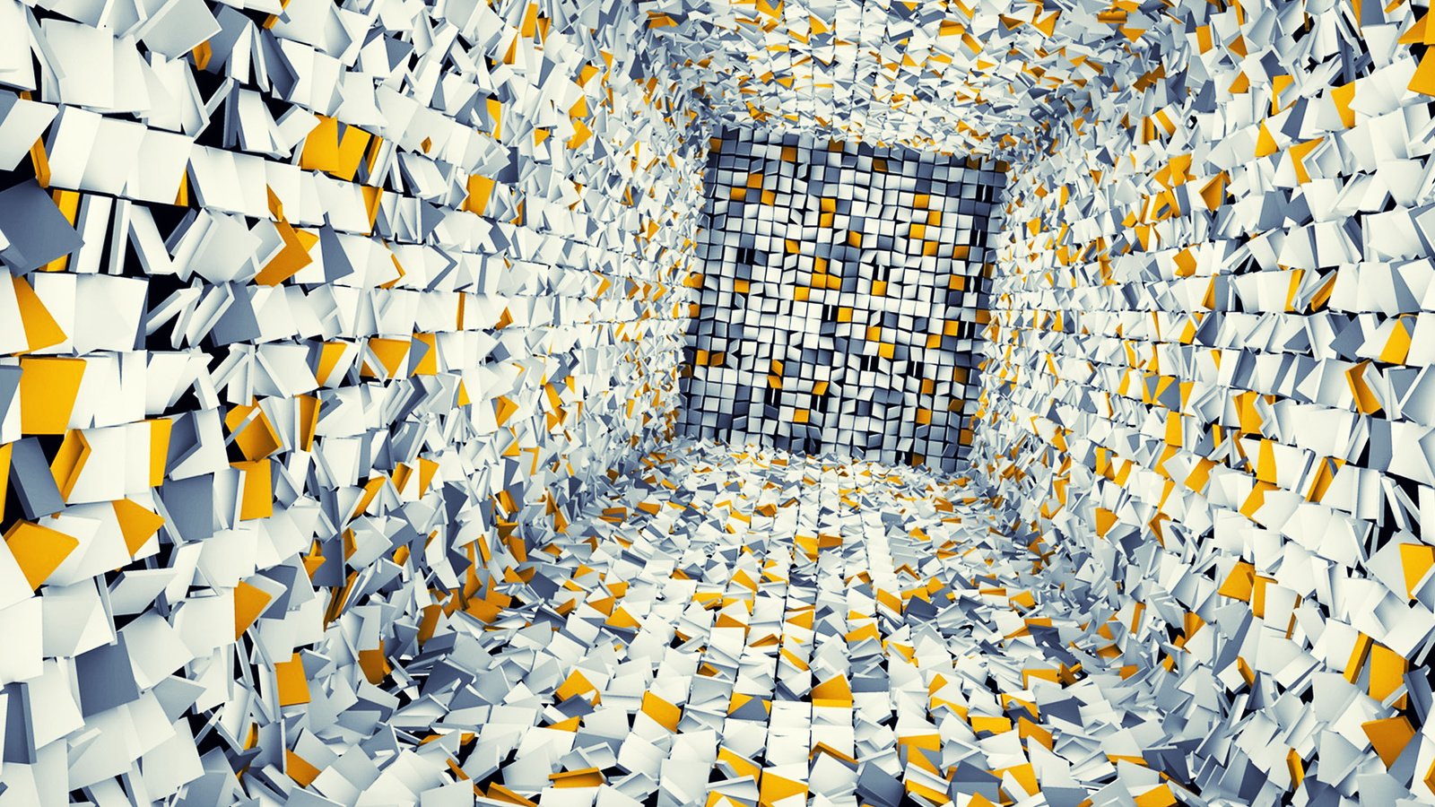 Обои абстракция, фантазия, квадраты, белые, желтые, хаос, плитки, abstraction, fantasy, squares, white, yellow, chaos, tiles разрешение 2560x1440 Загрузить