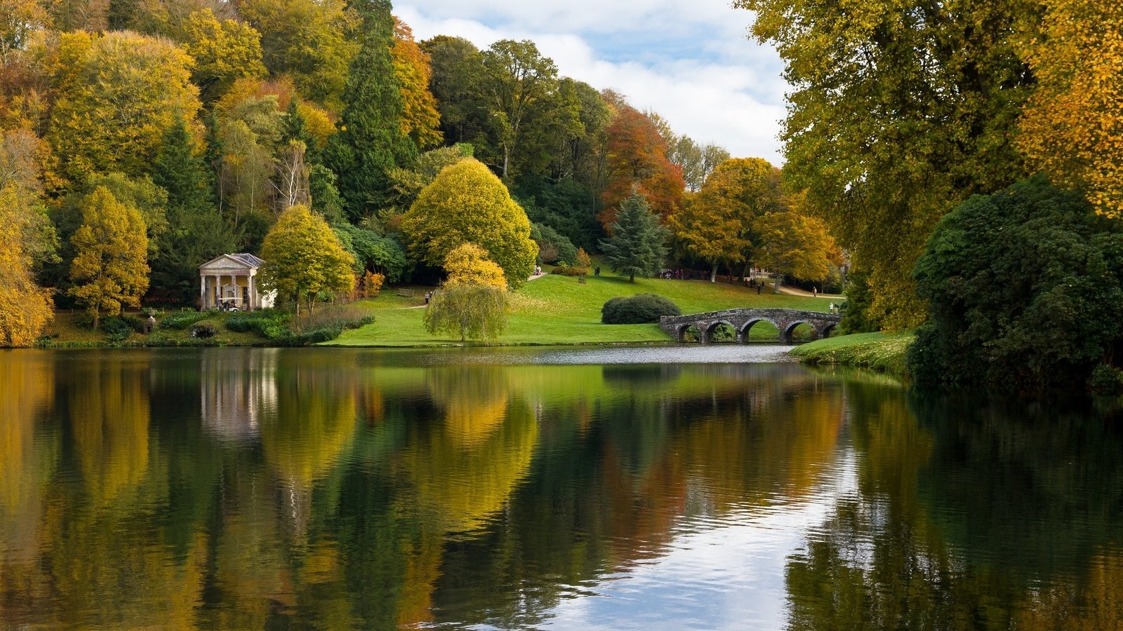 Обои деревья, река, парк, мост, осень, здание, берег реки, trees, river, park, bridge, autumn, the building, the river разрешение 2048x1319 Загрузить