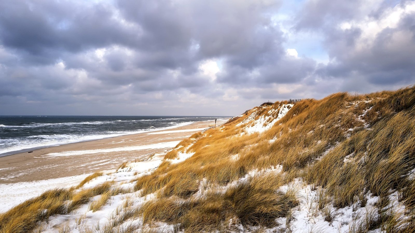 Обои небо, трава, зима, море, пляж, дюны, the sky, grass, winter, sea, beach, dunes разрешение 2048x1365 Загрузить