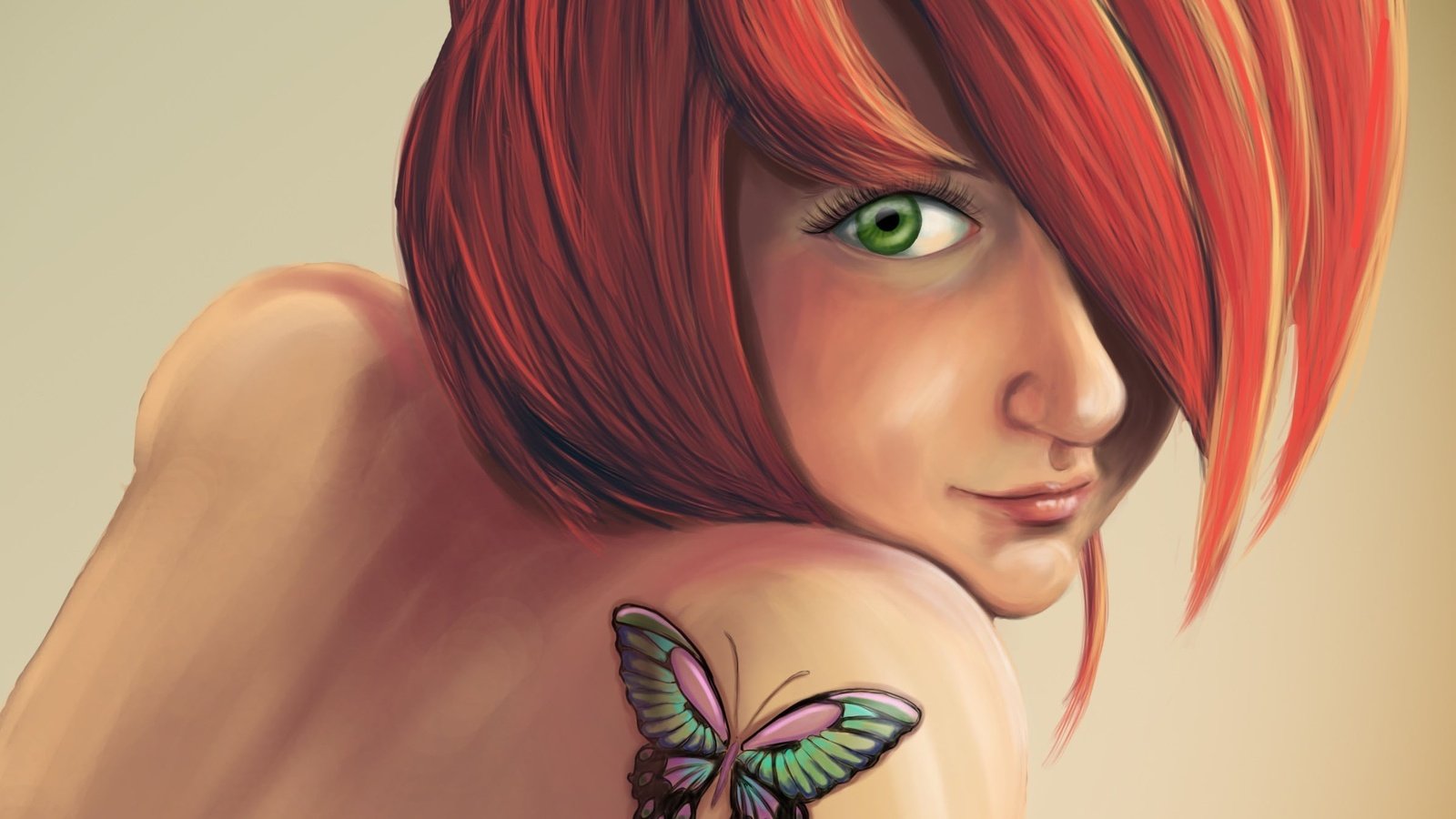 Обои арт, девушка, взгляд, бабочка, рыжая, тату, татуировка, плечо, anna mannco, art, girl, look, butterfly, red, tattoo, shoulder разрешение 2391x1812 Загрузить
