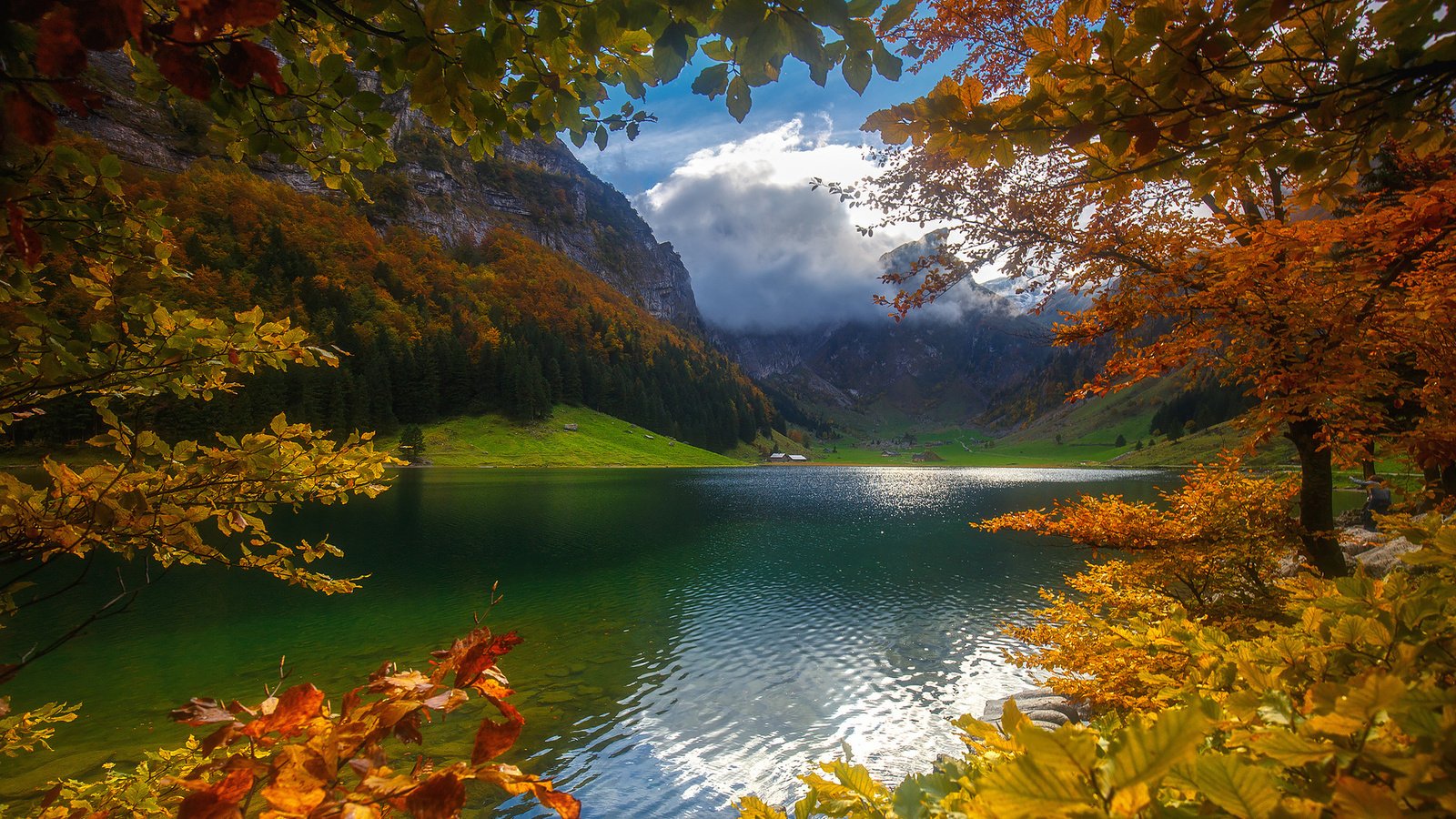 Обои небо, облака, деревья, озеро, горы, лес, осень, the sky, clouds, trees, lake, mountains, forest, autumn разрешение 1920x1200 Загрузить