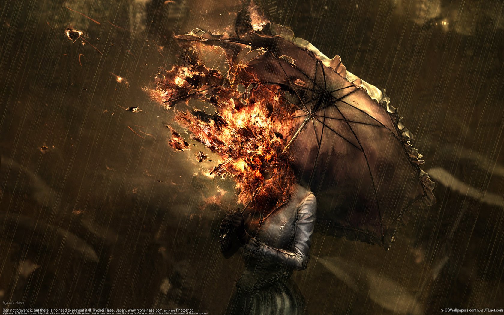 Обои огонь, дождь, зонт, ryohei hase, fire, rain, umbrella разрешение 1920x1200 Загрузить