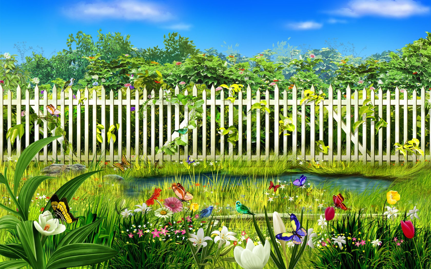 Обои цветы, трава, вода, забор, бабочки, flowers, grass, water, the fence, butterfly разрешение 1920x1200 Загрузить