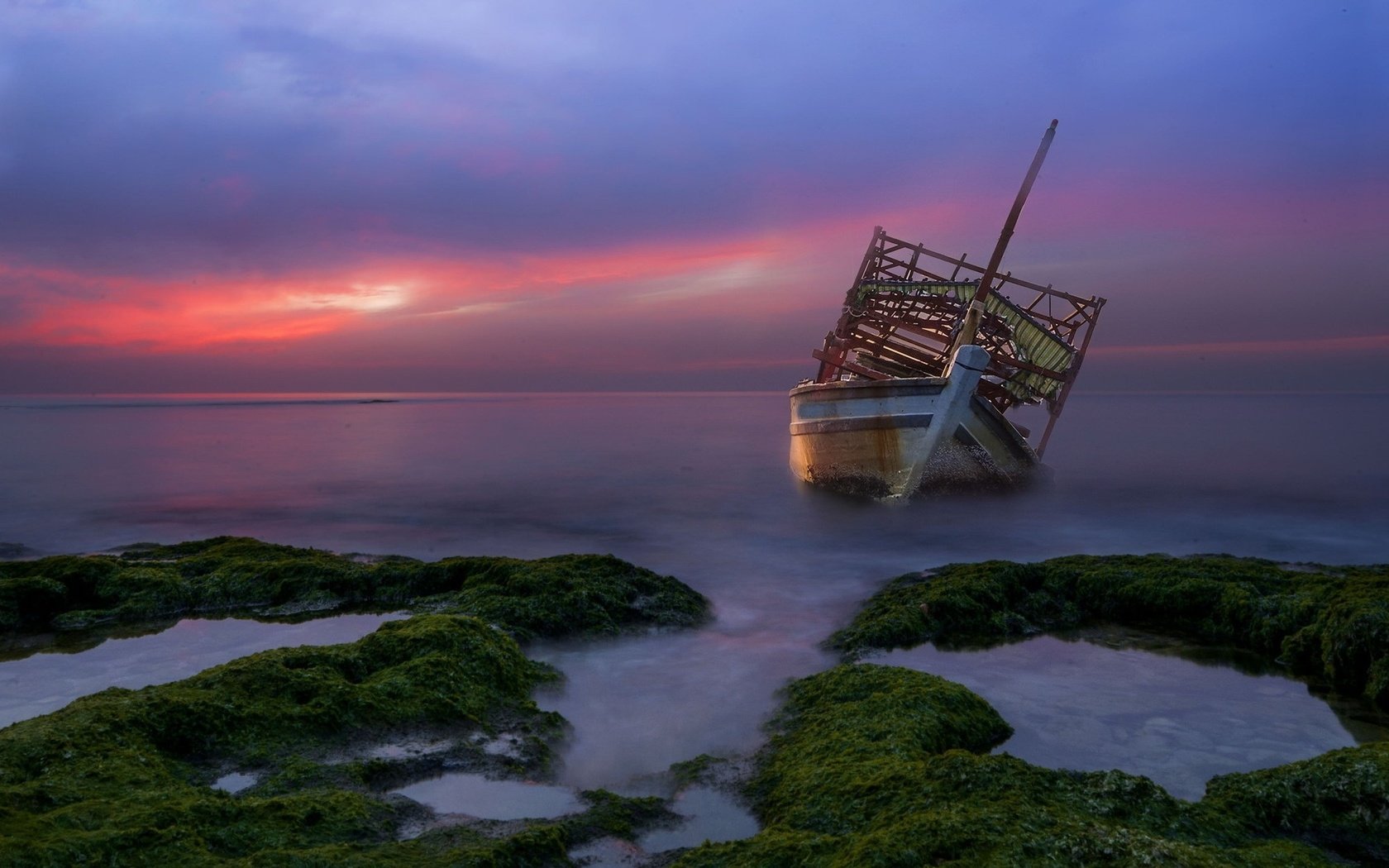 Обои небо, природа, закат, море, корабль, the sky, nature, sunset, sea, ship разрешение 2047x1249 Загрузить