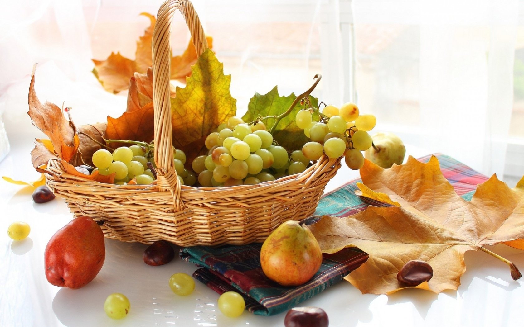 Обои листья, виноград, фрукты, осень, корзинка, груши, leaves, grapes, fruit, autumn, basket, pear разрешение 1920x1293 Загрузить