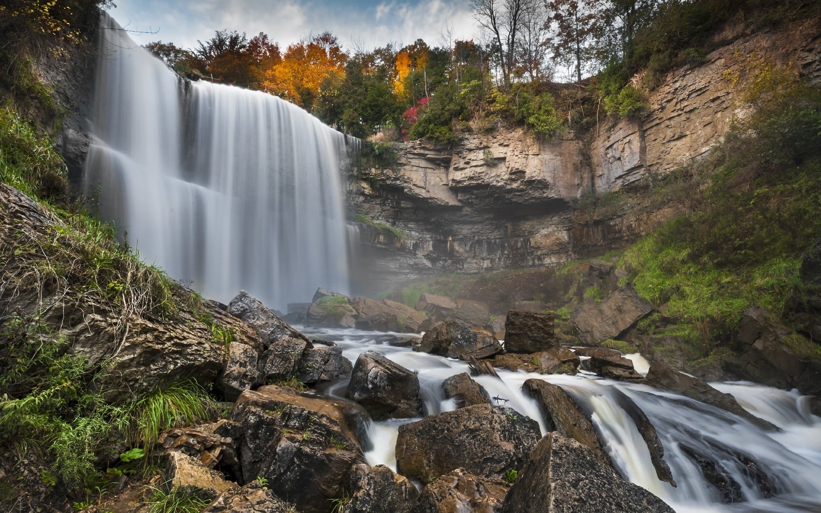 Обои деревья, скалы, природа, водопад, осень, trees, rocks, nature, waterfall, autumn разрешение 1996x1301 Загрузить