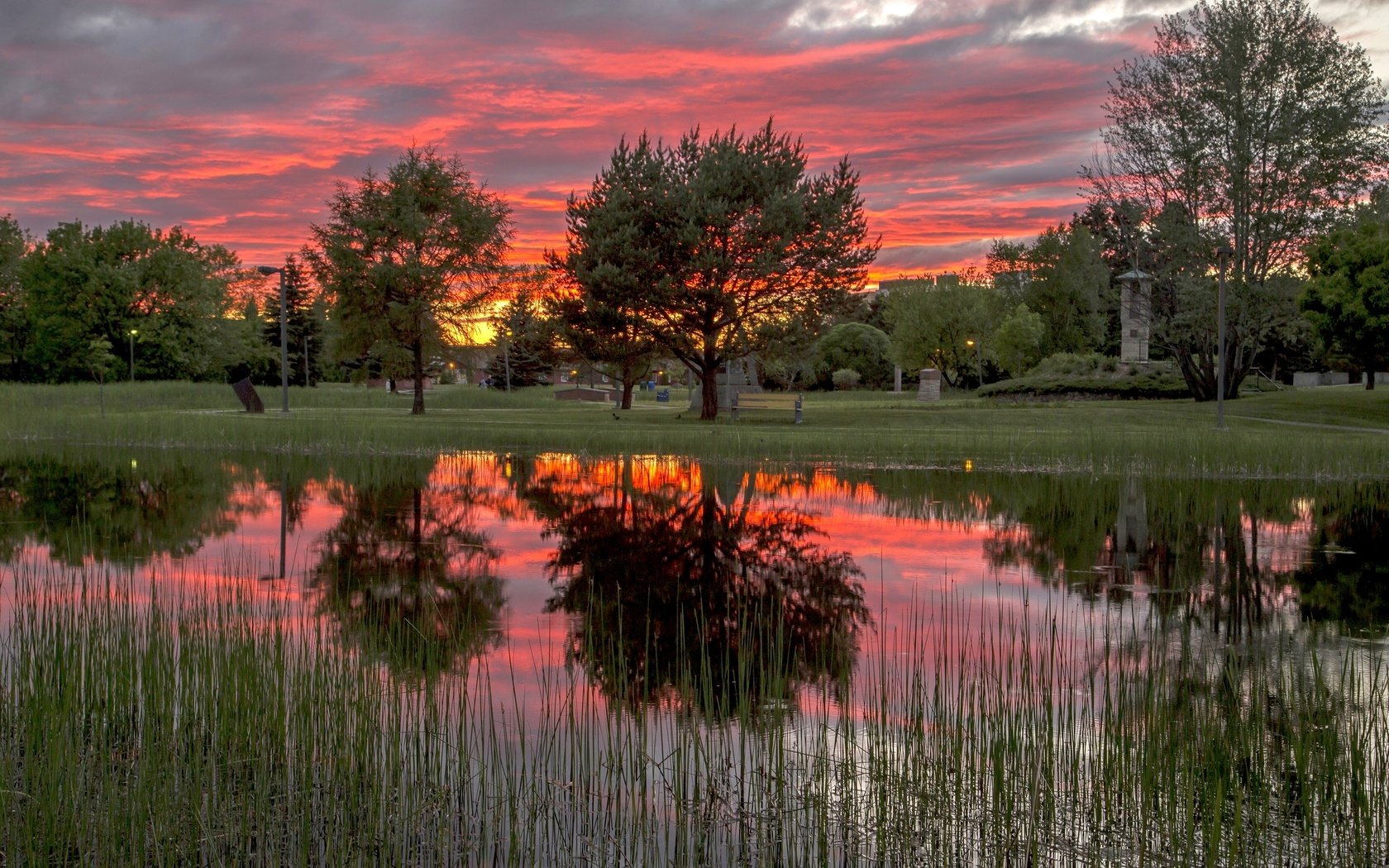 Обои деревья, закат, отражение озеро, trees, sunset, reflection lake разрешение 2880x1920 Загрузить