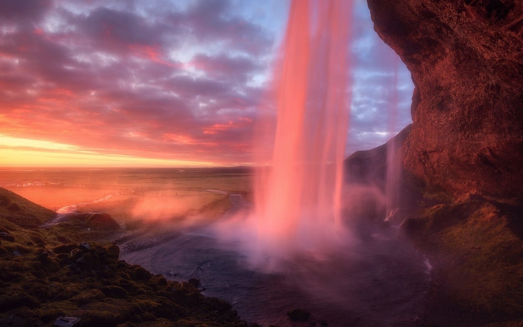 Обои закат, гора, водопад, sunset, mountain, waterfall разрешение 1920x1080 Загрузить