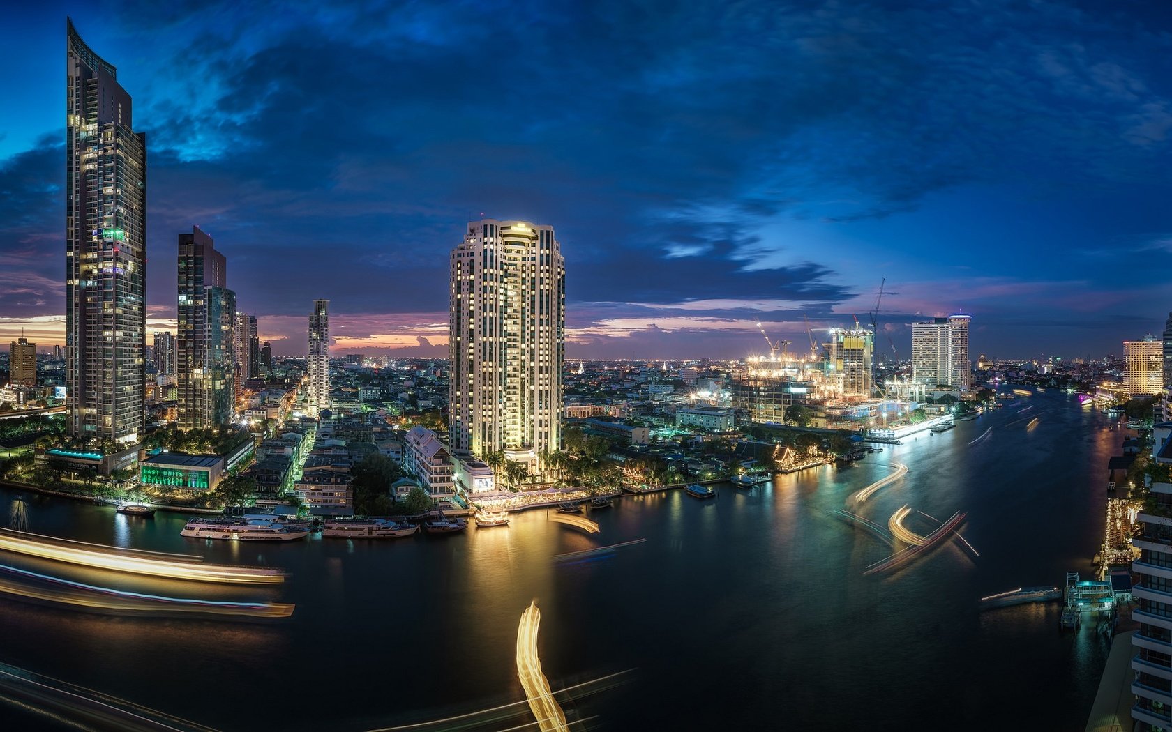 Обои река, небоскребы, ночной город, здания, таиланд, бангкок, river, skyscrapers, night city, building, thailand, bangkok разрешение 2048x1126 Загрузить