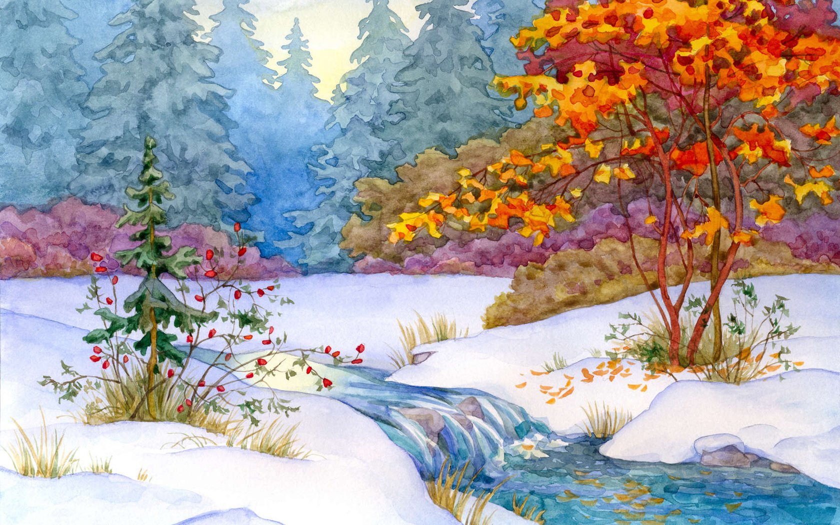 Обои арт, лес, зима, пейзаж, ручей, живопись, art, forest, winter, landscape, stream, painting разрешение 1920x1200 Загрузить