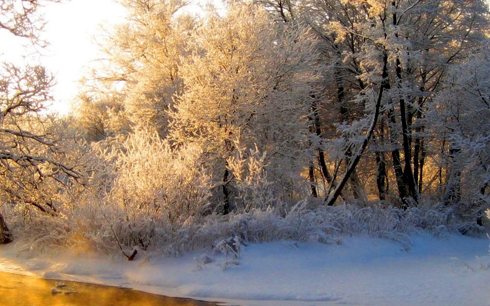 Обои свет, река, лес, зима, отражение, иней, оранжевый, седина, light, river, forest, winter, reflection, frost, orange, gray разрешение 3840x1200 Загрузить