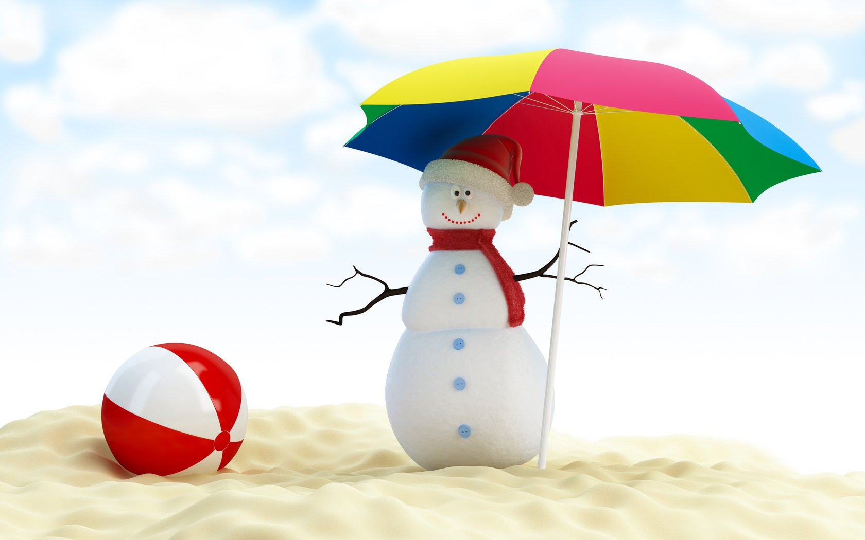 Обои новый год, пляж, снеговик, зонтик, рождество, мяч, new year, beach, snowman, umbrella, christmas, the ball разрешение 5142x3402 Загрузить