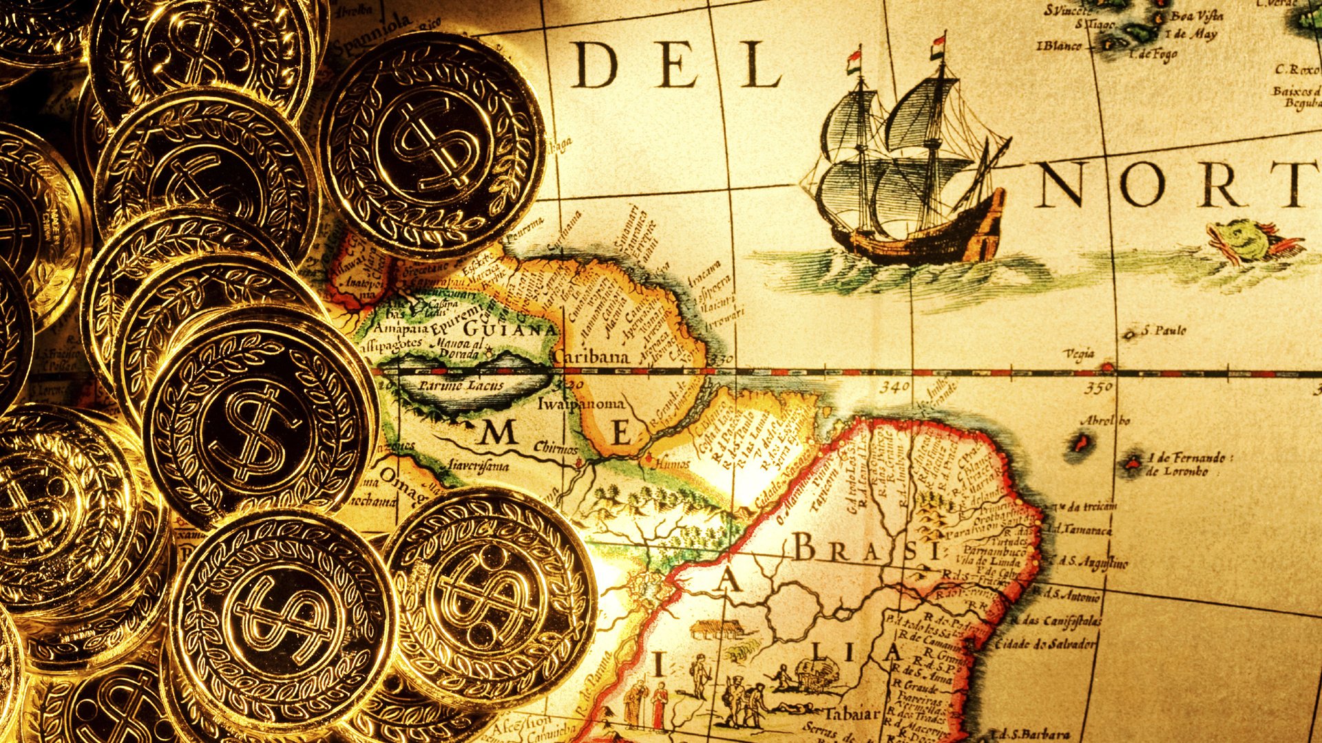 Обои карта, деньги, пираты, золото, монеты, валлпапер, map, money, pirates, gold, coins, wallpaper разрешение 2000x1330 Загрузить