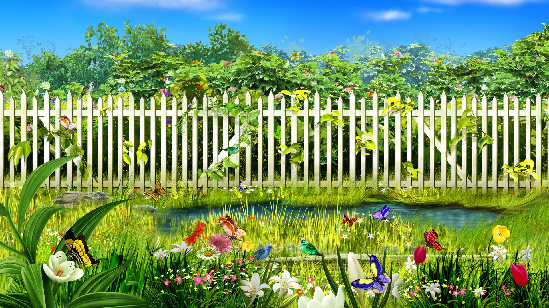 Обои цветы, трава, вода, забор, бабочки, flowers, grass, water, the fence, butterfly разрешение 1920x1200 Загрузить