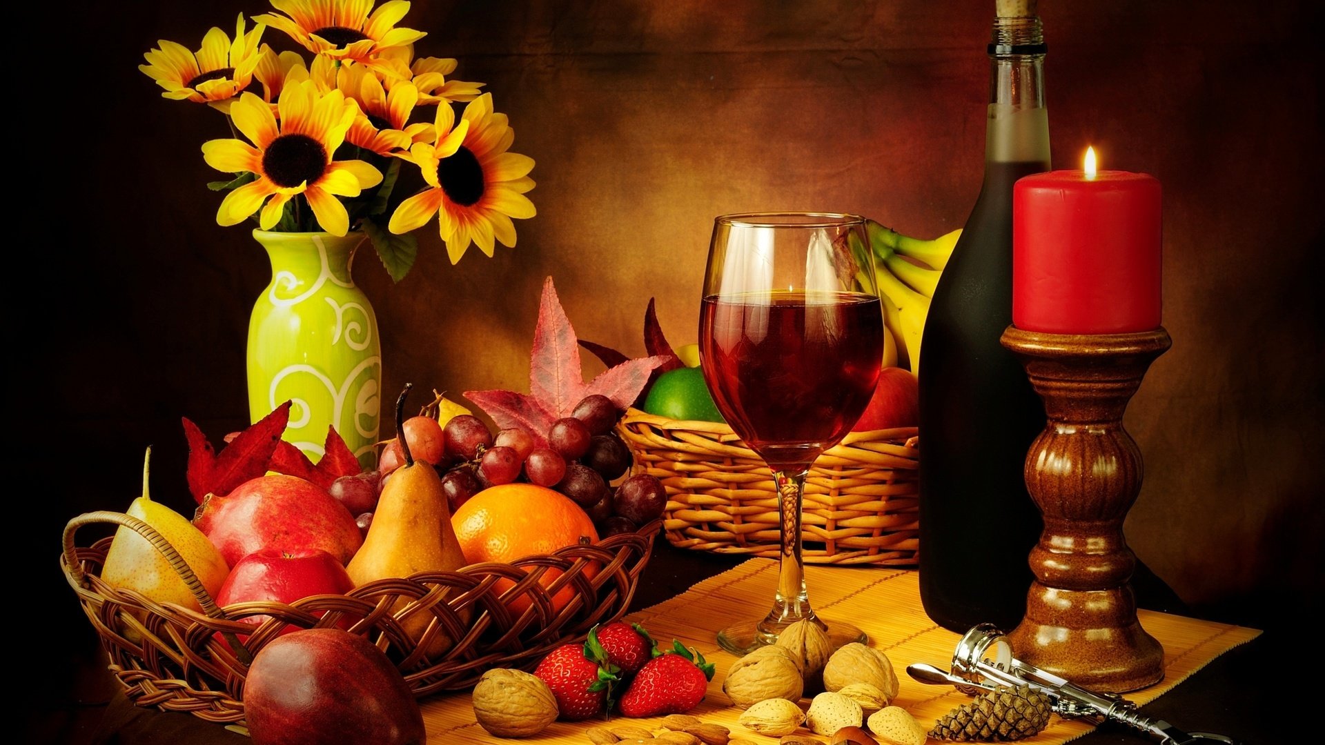 Обои свечи, вино, красное вино, орехи, стекло, гайки, свеча, штопор, виноград, бутылка, cвечи, фрукты, cтекло, красное, яблоки, земляника, клубника, натюрморт, бокал, вина, корзина, груши, candles, wine, red wine, nuts, candle, corkscrew, grapes, bottle, fruit, red, apples, strawberries, strawberry, still life, glass, basket, pear разрешение 3000x2000 Загрузить