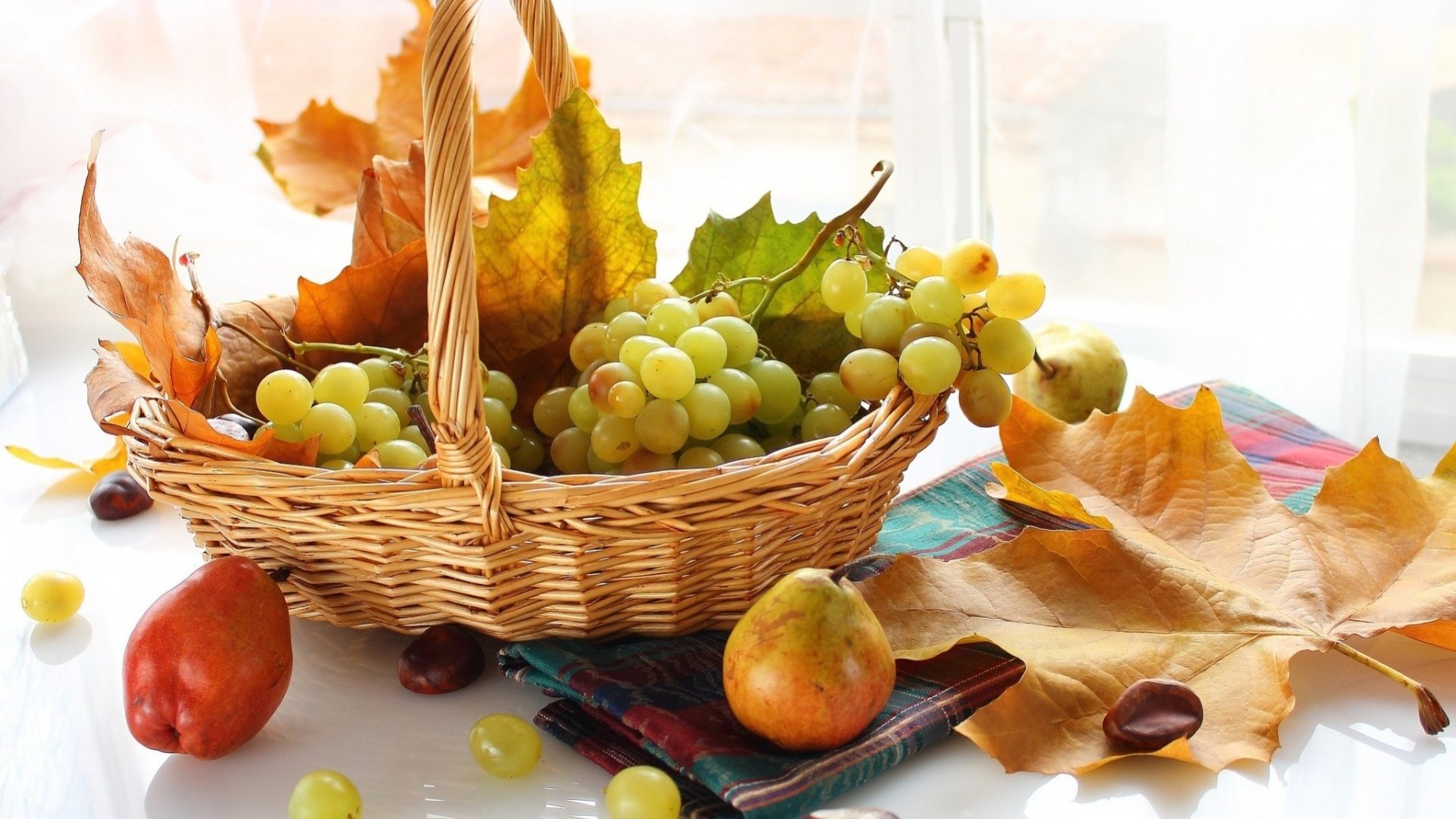 Обои листья, виноград, фрукты, осень, корзинка, груши, leaves, grapes, fruit, autumn, basket, pear разрешение 1920x1293 Загрузить