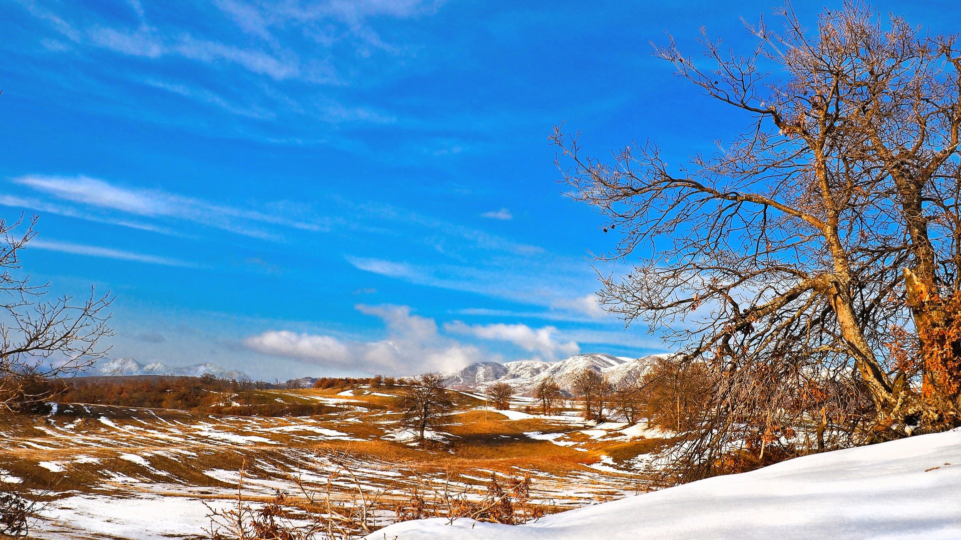 Обои небо, деревья, горы, снег, долина, the sky, trees, mountains, snow, valley разрешение 2048x1152 Загрузить