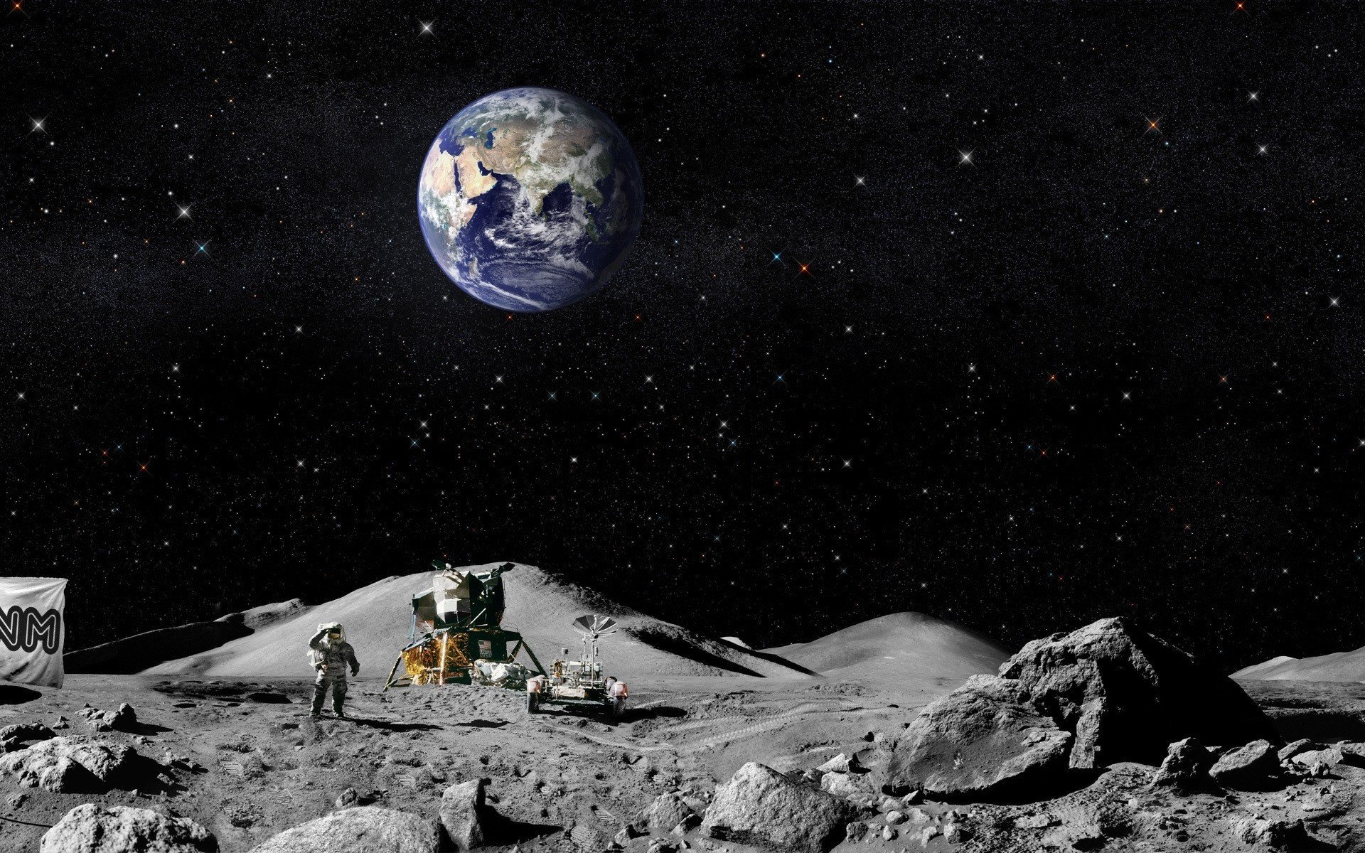 Обои земля, луна, флаг, астронавты, американцы, earth, the moon, flag, the astronauts, americans разрешение 3200x1200 Загрузить